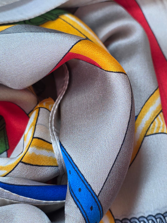 Foulard Soie Premium – Rectangle 170 x 60 cm Gris, bleu et jaune