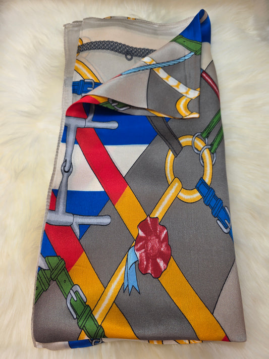 Foulard Soie Premium – Rectangle 170 x 60 cm Gris, bleu et jaune
