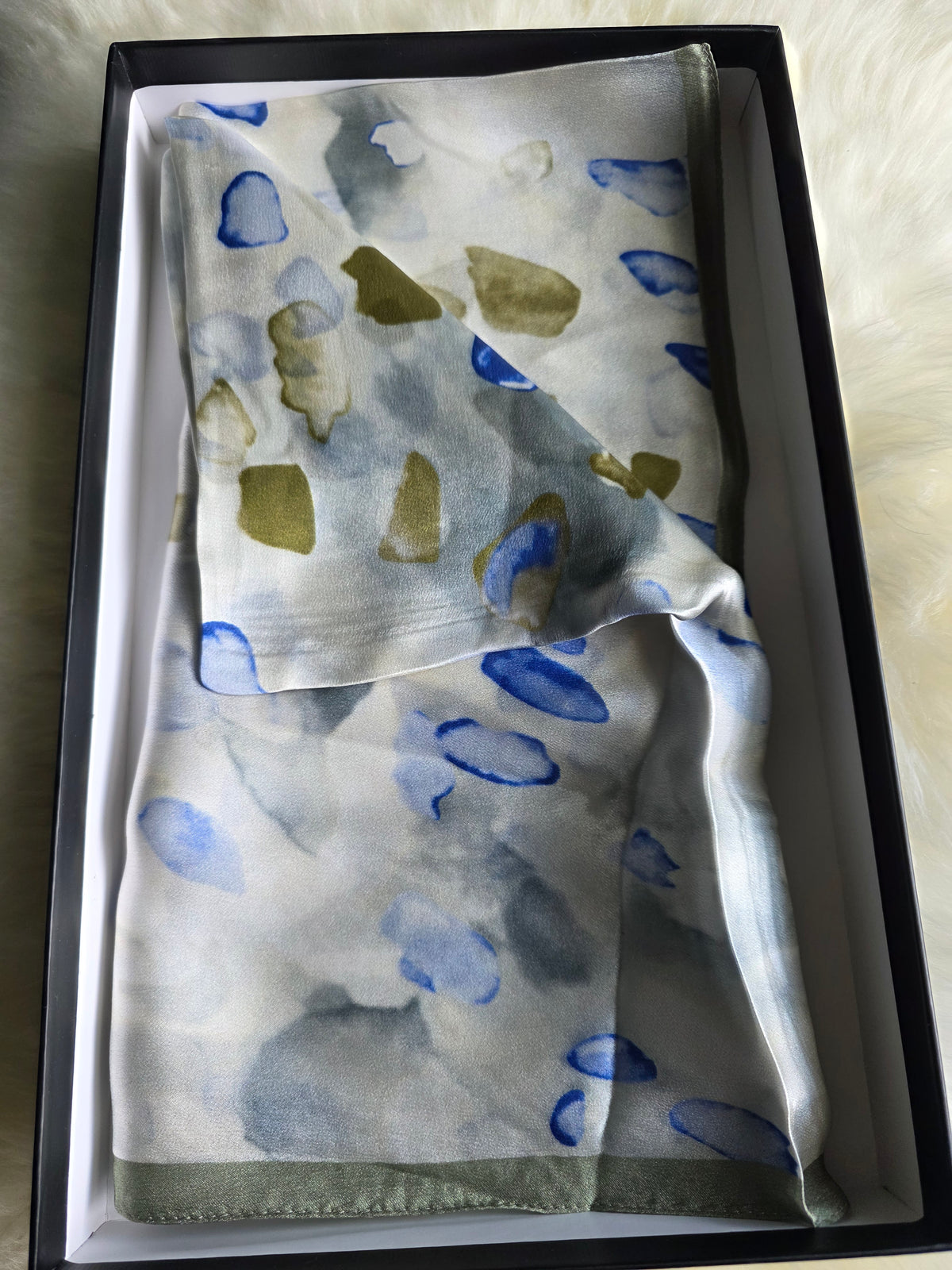 Foulard Soie Premium – Rectangle 170 x 60 cm blan vert bleu