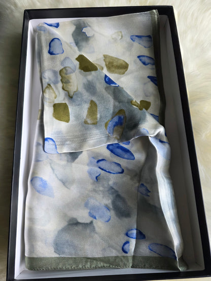 Foulard Soie Premium – Rectangle 170 x 60 cm blan vert bleu