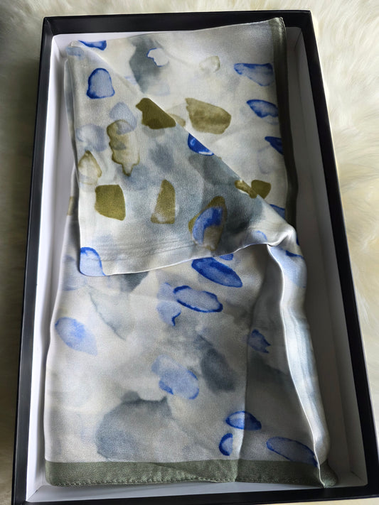 Foulard Soie Premium – Rectangle 170 x 60 cm blan vert bleu