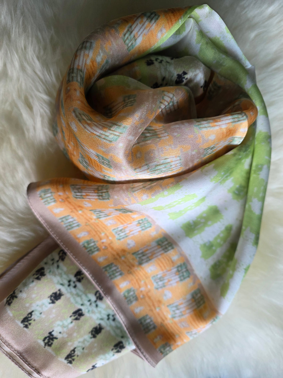 Foulard Soie d'Italie – Rectangle 170 x 60 cm orange vert et blanc